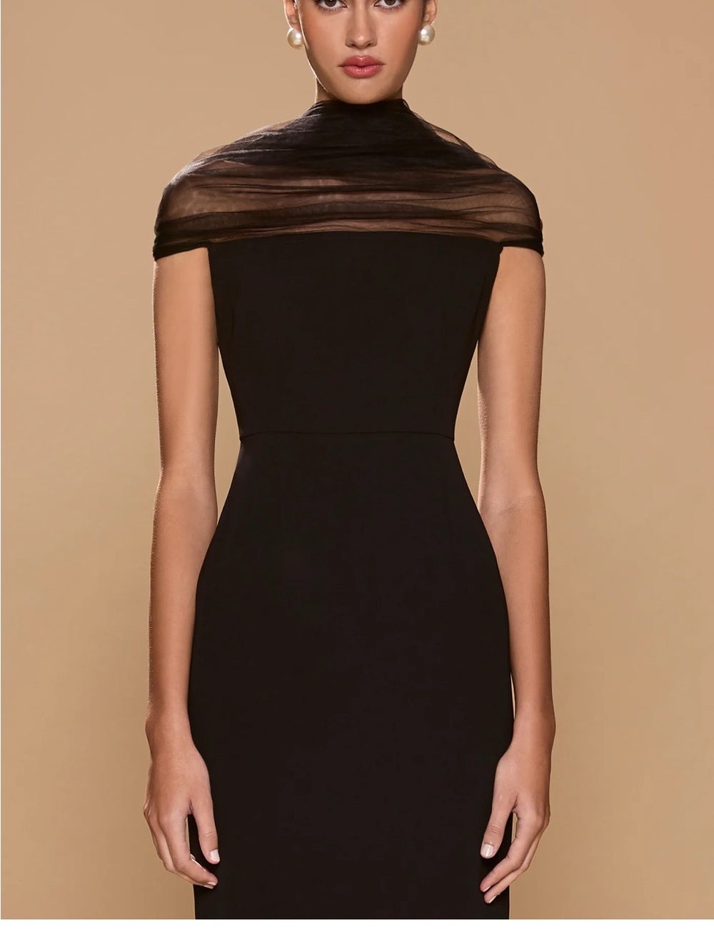 Strapless Black Evening Sheath Dress with Sheer Capelet